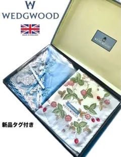 新品未使用ウェッジウッドレースリボンイチゴ花柄ハンカチケース箱付き2枚セット青赤