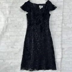 【組曲】黒 フレアスリーブ ひざ丈レースワンピース Mサイズ a3352