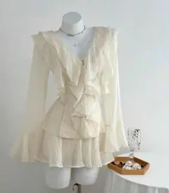 レディース 2点セット フリルブラウス＋フレアスカート アイボリー ガーリー