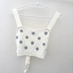 ビスチェ　ニット　花柄　ホワイト　背中リボン　Lサイズ