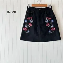 イング ミニスカ 刺繍 花 黒 M ウエストゴム スエード エレガント 大人綺麗