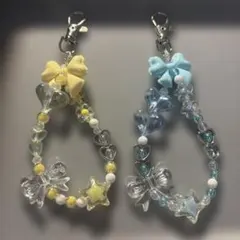 ハンドメイド ビーズアクセサリーストラップキーホルダー イエロー ライトブルー
