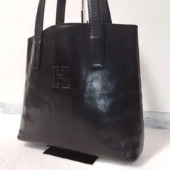 ヒロフ レザー ダークブルー トートバッグ S シボ革 ロゴ型押し