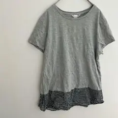 シンプル✨【M】グレー 半袖Tシャツ チェック柄裾