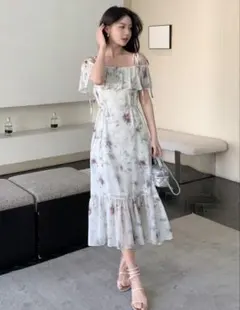フラワー　オフショルダー ロングワンピース