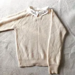 LOWRYS FARM　アイボリー ビジュー襟 ニットセーター