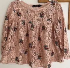 ZARA BASIC 花柄刺繍レーストップス ピンク Sのサムネイル