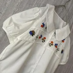 ヴィンテージ ブラウス 半袖 お花刺繍 レトロ ガーリー ぼわん袖 ホワイト