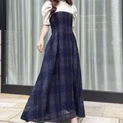 RESEXXY チェック ワンピ チュール 透け感 ネイビー 清楚 夏映え