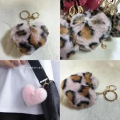 ピンク豹柄ハート型ファーキーホルダー チャーム 新品 フェイクファー 可愛い