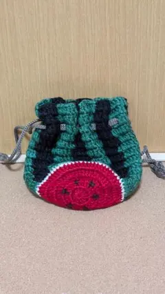 ハンドメイド スイカのあみぐるみ巾着袋