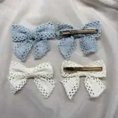 リボン型ヘアピン4個セット（水色・白）