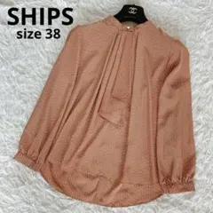 美品✨【シップス】プリントタイブラウス 金ボタン 小紋 総柄 キャメル 38