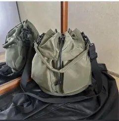 オリーブグリーン ドローストリングバッグ 中型 巾着型ショルダーバッグ