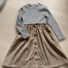 ストライプドッキングワンピース 130女の子 長袖