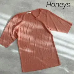 美品❣　サマーニット　リブ　五分袖　クルーネック　オレンジ　ピンク　ハニーズ　ｍ