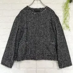 ユニクロ ツイードジャケット ノーカラー 千鳥格子 フリンジ 黒 白 L 毛混