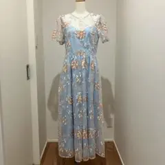 パーティードレス Lサイズ 花刺繍 ブルー 結婚式 二次会 ロングドレス