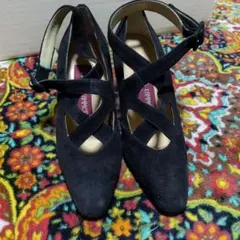 黒スエード クロスストラップ ハイヒール高さ7.5サイズ34※新品