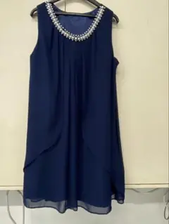 しまむらネイビー パール装飾 フレアドレス