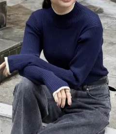 ネイビーハイネック リブニット FREE 肌触良
