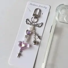 ビーズキーホルダー 韓国 y2k コレクトブック ストラップ パープル ハート