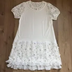 美品 Grandir 3Dフラワー刺繍チュニック ワンピース エクシブ 白 ML