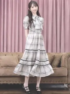 evelyn 水色チェック ハシゴレースチェックOP 半袖ワンピース リボン