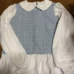 水色チェック襟付き長袖トップス