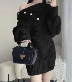 新品未使用 GRL パールボタンオフショルニットワンピース[tu1278]黒