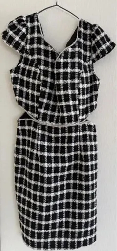 フリル袖 ブラック・ホワイトチェック タイトドレス