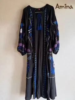 【最終値下】Amina バフラン刺繍 ロングワンピース 黒 エスニック 2026年最新】Amina カラー：ブラック系 レディース 長袖・七分袖