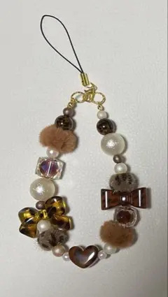 ストラップ　キーホルダー　豹柄　茶色　リボン　ハート　パール