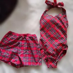 水着　赤チェック　ワンピース　ショートパンツ付き9号M