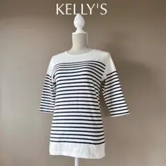 【KELLY'S】M　白紺ボーダー柄　五分袖カットソー　バーダーシャツ　トップス