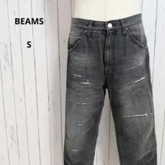BEAMS☆ダメージ　デニムパンツ　S　黒　綿100％　ストレート　カジュアルのサムネイル