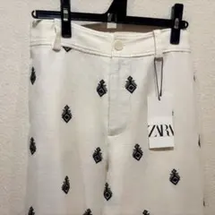 ZARA 刺繍入りホワイトワイドパンツ　新品タグ付き