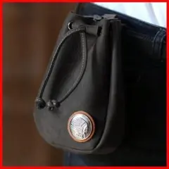 ベルトポーチ 本革牛革レザー 黒巾着小物入れウエストバッグキャンプバイク大容量a