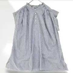 グリーンレーベルリラクシング ストライプ ブラウス グレー 半袖 フレア 訳あり