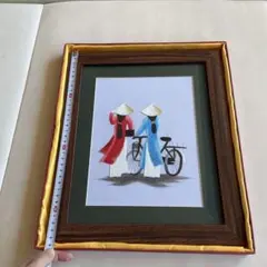刺繍アート ベトナム　アオザイ　自転車 約30x40cm