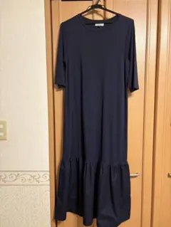 ネイビー 半袖 フリル裾 ワンピース