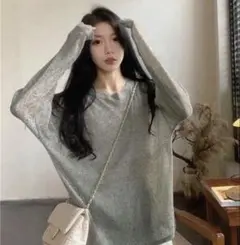 グレー トップス シースルー 長袖ニット SHEIN