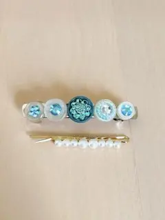 ハンドメイドアクセサリー ボタンバレッタ&パールヘアピン