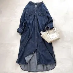 美品 アーバンリサーチ バンドカラー デニム シャツワンピース ロング ネイビー
