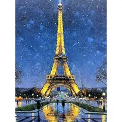 雨降る夜のエッフェル塔 油絵風 風景画 デジタルアート