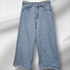 カットオフ ワイドデニムパンツ ライトブルー ハイウエスト ゆるだぼ