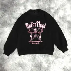 【美品✨】ブラック (M) ピンクグラフィックスウェットトレーナー 蝶々 大きめ