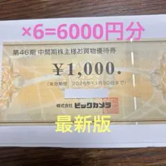 ビックカメラ　株主優待　　1000×6=6000円分商品券