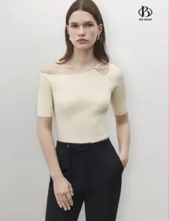 SHEINリブ編みオフショルダー半袖トップス