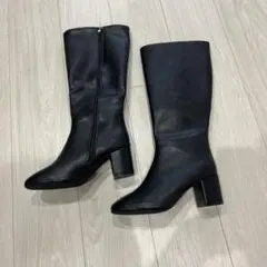 ブラックレザー中ヒールロングブーツ